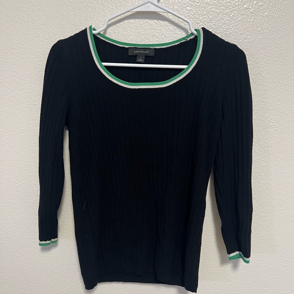 Ann Taylor Black Scoop Neck Sweater with Green and White Trim